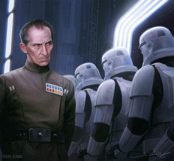 4boys armor badge brown_jacket grand_moff_tarkin grey_hair helmet highres jacket joshua_cairos military_jacket military_uniform multiple_boys science_fiction short_hair spacecraft_interior star_(sky) star_wars star_wars:_a_new_hope stormtrooper white_armor