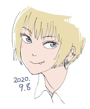 blonde_hair blush ear_piercing fang grey_eyes highres ishiguro_masakazu kon_futaba piercing shirt short_hair smile soredemo_machi_wa_mawatteiru white_background white_shirt