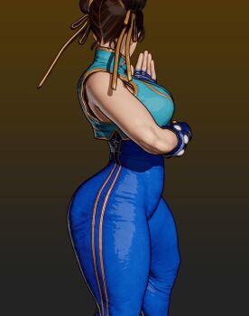 1girl 3d bare_shoulders blue_bodysuit blue_gloves blue_unitard bodysuit brown_hair capcom chun-li double_bun fatal_fury fatal_fury:_city_of_the_wolves female_focus fingerless_gloves game_screenshot gloves hair_bun hair_ribbon mod ribbon short_hair skin_tight solo street_fighter street_fighter_zero_(series) thick_thighs thighs unitard video_game_screencap yellow_hair_ribbon yellow_ribbon