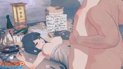 1girl 1other 2boys 3d alcohol animated audible_speech black_hair bottle bouncing_breasts breasts breasts_out cheating_(relationship) drunk english_text fat fat_man jiggle koikatsu_(medium) komi-san_wa_komyushou_desu komi_shouko large_breasts legs_up long_hair looping_animation lying medium_breasts missionary moaning multiple_boys naked_towel netorare nipples on_back onsen osana_najimi_(komi-san_wa_komyushou_desu) peeking pixiewillow public_indecency public_use sake sake_bottle sex sound sound_effects spread_legs tadano_hitohito towel ugly_bastard video voyeurism watching writing yuukis