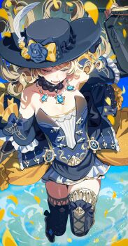 Rule 34 | 1girl, black flower, black hat, black rose, black sleeves, blonde hair, blue gemstone, blue sky, boots, breasts, closed eyes, detached sleeves, dress, drill hair, drill sidelocks, flower, fold-over gloves, gem, genshin impact, hat, hat feather, hat flower, highres, holding, holding umbrella, lace-trimmed collar, lace trim, light particles, medium breasts, midair, navia (genshin impact), open mouth, revision, rose, shibuki kamone, ship's wheel ornament, sidelocks, sky, solo, strapless, strapless dress, thigh boots, umbrella, yellow flower, yellow rose