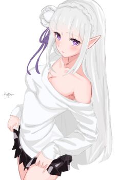 1girl black_skirt blunt_bangs braid breasts cleavage closed_mouth clothes_lift collarbone commentary cowboy_shot crown_braid elf emilia_(re:zero) flower grey_hair hair_flower hair_ornament hair_ribbon highres kyouko_(choco_puddinq) lifting_own_clothes long_hair long_sleeves looking_at_viewer medium_breasts miniskirt pleated_skirt pointy_ears purple_eyes purple_ribbon re:zero_kara_hajimeru_isekai_seikatsu ribbon signature simple_background single_off_shoulder skirt skirt_lift solo sweater symbol-only_commentary very_long_hair white_background white_sweater