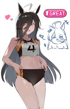 1girl absurdres ahoge alternate_costume animal_ears black_buruma black_hair black_shirt blush buruma commentary crop_top cropped_shirt english_commentary gym_shirt hair_between_eyes heart highres horse_ears horse_girl long_hair long_hair_between_eyes looking_at_viewer ludus_mio manhattan_cafe_(umamusume) open_mouth shirt simple_background sweat thighs umamusume white_background white_hair yellow_eyes