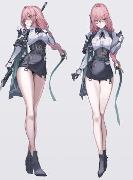 1girl absurdres armor black_gloves black_shoes breasts closed_mouth commentary_request crossed_bangs dress_shirt earpiece full_body glasses gloves grey_background hair_between_eyes half_gloves hand_on_own_chest high-waist_skirt highres holding holding_notepad holding_polearm holding_weapon id_card large_breasts long_hair looking_at_viewer looking_to_the_side multiple_views naginata notepad open_mouth pencil_skirt pink_hair polearm red_eyes ring_hair_ornament shirt shirt_tucked_in shoes shoulder_armor simple_background skirt tooyon tsukishiro_yanagi weapon white_shirt zenless_zone_zero