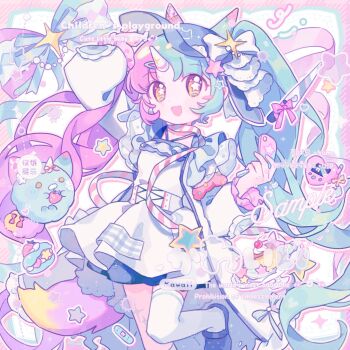 1girl :d aqua_hair blue_shoes border cellphone coat commentary cowboy_shot crocs dot_nose dress fanqiealxe flip_phone frilled_sleeves frills highres holding holding_phone horns long_hair long_sleeves looking_at_viewer multicolored_hair open_clothes open_coat open_mouth original outside_border phone pink_border pink_hair ribbon sample_watermark shoes simple_background single_horn single_thighhigh smile solo split-color_hair standing standing_on_one_leg star-shaped_pupils star_(symbol) striped_border striped_clothes striped_ribbon striped_thighhighs symbol-only_commentary symbol-shaped_pupils thighhighs twintails two-tone_hair watermark white_background white_coat white_dress white_thighhighs yellow_eyes