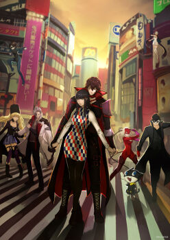 10s 3boys 5girls absurdres amamiya_ren code_vein crossover green_eyes highres io_(code_vein) mia_karnstein morgana_(persona_5) multiple_boys multiple_girls niijima_makoto persona persona_5 protagonist_(code_vein) red_eyes takamaki_anne tougou_hifumi