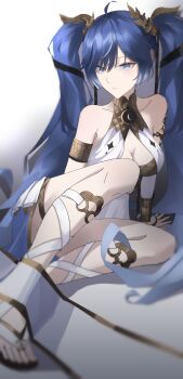 1girl absurdres ahoge arm_support armlet bare_shoulders blue_eyes blue_hair breasts cleavage closed_mouth commentary double_slash_(uphx3853) gladiator_sandals gold_bra highres iuno_(wuthering_waves) jewelry laurel_crown long_hair looking_at_viewer medium_breasts multicolored_hair sandals sitting solo streaked_hair toes twintails very_long_hair wuthering_waves