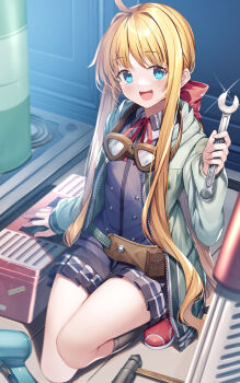 blonde_hair blue_eyes commentary_request eiyuu_densetsu goggles green_jacket gurasion_(gurasion) highres jacket long_hair partial_commentary pleated_skirt school_uniform sen_no_kiseki sen_no_kiseki_(series) sen_no_kiseki_i sen_no_kiseki_iii skirt smile sora_no_kiseki thors_military_academy_branch_campus_uniform tita_russell tool_belt tools very_long_hair