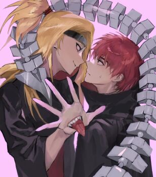 2boys akatsuki_uniform annoyed blonde_hair blue_eyes deidara_(naruto) empty85437 extra_mouth eyeliner face-to-face forehead_protector high_ponytail highres implied_yaoi long_hair looking_at_another makeup male_focus multiple_boys naruto_(series) naruto_shippuuden pink_background ponytail red_eyes red_hair robe sasori_(naruto) short_hair simple_background smirk sweatdrop weapon