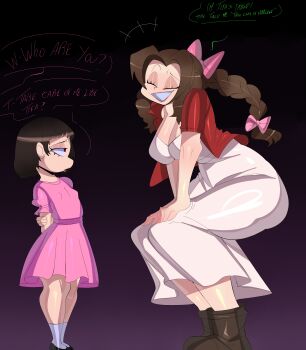 2girls absurdres aerith_gainsborough age_difference breasts brown_hair closed_eyes clothes english_text female_focus final_fantasy gradient_background highres loli long_hair looking_at_viewer marlene_wallace multiple_girls old older_female_and_younger_female open_mouth red_eyes size_difference smile speech_bubble square_enix tayuri