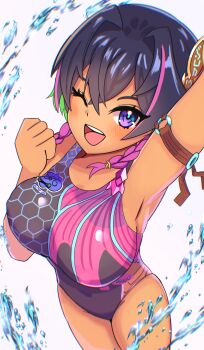 1girl ;d absurdres aogiri_shinobu arm_up armlet armpits black_hair blush braid breasts clenched_hand commentary_request dark-skinned_female dark_skin dragon_musume_ni_naritakunai! duel_masters eyelashes green_hair hair_between_eyes hair_intakes highres jewelry medium_hair one-piece_swimsuit one_eye_closed open_mouth pink_hair sagari_(illust_sagari) smile solo swimsuit teeth twin_braids upper_teeth_only water white_background