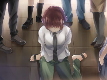 1girl 5others amputee armless_amputee artist_request black_necktie black_pants black_sandals black_shoes black_socks blue_pants brown_skirt closed_mouth collared_shirt double_amputee floor game_cg green_pants grey_pantyhose hair_over_eyes head_out_of_frame high_heels katawa_shoujo multiple_others necktie non-web_source official_art on_floor pants pantyhose red_hair sandals school_uniform shirt shoes short_hair skirt sleeve_tied_shut socks solo_focus tezuka_rin white_shirt yamaku_high_school_uniform