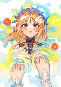 1girl absurdres bare_shoulders black_collar blonde_hair blush breasts cartethyia_(wuthering_waves) collar colorful_background commentary_request crown_of_thorns cyxndmr earrings feet female_pov from_above highres jewelry long_hair looking_at_reflection multiple_earrings necklace open_mouth parted_bangs pointy_ears pov reflection reflection_focus reflective_water sidelocks small_breasts solo tacet_mark_(wuthering_waves) toes wuthering_waves