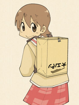 Rule 34 | 1girl, a-king, aioi yuuko, backpack, bag, brown eyes, brown hair, highres, looking at viewer, looking back, nichijou, plaid clothes, plaid skirt, pleated skirt, randoseru, red skirt, sailor collar, school uniform, sepia background, serafuku, short hair, simple background, skirt, smile, solo, tokisadame school uniform, translation request, white sailor collar, yellow bag, yellow serafuku