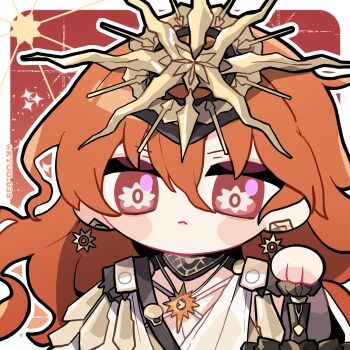 Rule 34 | 1girl, augusta (wuthering waves), black collar, chibi, chibi only, chinese commentary, closed mouth, collar, commentary request, earrings, hair between eyes, hand on hilt, headgear, highres, jewelry, kyou 039, long hair, looking at viewer, orange hair, portrait, red eyes, solo, sun earrings, sun necklace, sword, twitter username, upper body, weapon, wuthering waves