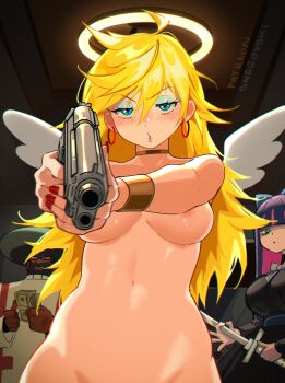 1boy 2girls :o afro ahoge aiming aiming_at_viewer angel angel_wings areola_slip armband artist_name banknote beard beretta_92 black_dress black_hair black_lips blonde_hair blue_bow blue_eyeliner blue_eyes blue_eyeshadow blush bow bowtie bracer breasts breasts_apart bright_pupils closed_mouth clothed_female_nude_female clothed_male_nude_female colored_inner_hair commentary completely_nude convenient_arm convenient_censoring dark-skinned_male dark_skin dress earrings english_commentary eyelashes eyeliner eyeshadow facial_hair fingernails frills frown garterbelt_(psg) gold_choker goth_fashion gun hair_bow half-closed_eyes halo handgun highres hime_cut holding holding_gun holding_money holding_weapon hoop_earrings indoors jewelry jitome katana large_breasts long_fingernails long_hair long_sleeves looking_at_viewer looking_down makeup medium_breasts money multicolored_hair multiple_girls mustache nail_polish navel neck_ring nose_blush nude out-of-frame_censoring outstretched_arms paid_reward_available panty_&amp;_stocking_with_garterbelt panty_(psg) parted_lips patreon_username pink_hair pistol pov purple_hair reaching reaching_towards_viewer red_nails scabbard sheath sheathed snegovski solo_focus standing stocking_(psg) stomach streaked_hair sword traditional_halo two-tone_hair v-shaped_eyebrows very_long_hair watermark weapon white_pupils white_wings wings
