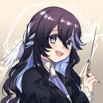 1girl black_hair black_jacket black_nails blue_eyes blue_hair brooch brown_background colored_inner_hair commentary double-parted_bangs english_commentary fingernails gem hair_between_eyes highres holding holding_wand jacket jewelry long_hair long_sleeves looking_at_viewer multicolored_hair nail_polish open_mouth original ryuuxin sadie_(ryuuxin) smile solo streaked_hair two-tone_hair upper_body wand white_gemstone