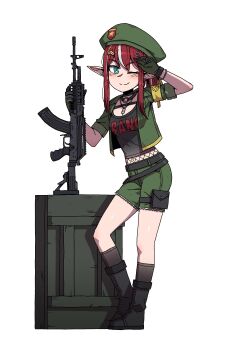 1girl armband assault_rifle belt beret beryl_arsenal black_boots black_shirt black_socks blue_eyes boots box bracelet breasts choker commentary commission dog_tags english_commentary fb_beryl gloves green_gloves green_hat green_shorts gun hair_ornament hairclip hands_up hat highres holding holding_weapon indie_virtual_youtuber jacket jewelry kalashnikov_rifle karepack kneehighs looking_at_viewer medium_breasts multicolored_hair one_eye_closed open_clothes open_jacket pointy_ears pouch red_hair rifle shirt shorts sleeves_rolled_up smile socks solo streaked_hair thigh_pouch virtual_youtuber weapon yellow_armband