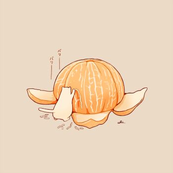 brown_background cat chai_(drawingchisanne) food fruit no_humans orange_(fruit) original peel scratching signature solo undersized_animal white_fur