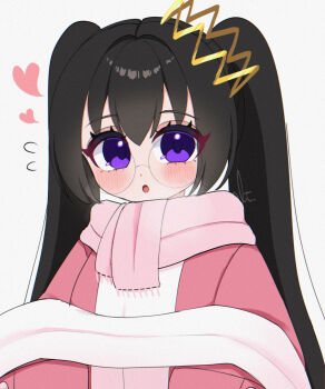 1girl alt_0218 black_hair blush commentary_request crown flying_sweatdrops glasses grey_background heart highres kirby_(series) kirby_64 long_hair looking_at_viewer nintendo pink_scarf purple_eyes ripple_star_queen scarf signature simple_background twintails