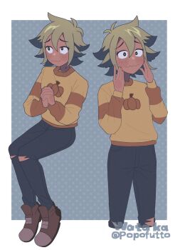 1girl :3 ankle_boots artist_name averting_eyes blonde_hair blue_hair boots border full_body furrowed_brow hair_between_eyes highres interlocked_fingers invisible_chair light_blush long_sleeves multicolored_hair multiple_views nanase_(trfok1) nervous pants polka_dot polka_dot_background shirt short_hair sitting standing the_owl_house vee_(the_owl_house) wavy_mouth yellow_shirt