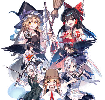 Rule 34 | 6+girls, apron, armor, ascot, black bow, black bowtie, black dress, black hairband, black hat, black ribbon, black skirt, black vest, blonde hair, bow, bowtie, braid, brown eyes, brown hair, brown hat, brown wings, collared shirt, commentary request, detached sleeves, dress, dual wielding, frilled bow, frills, green skirt, green vest, grey eyes, grey hair, grin, hair bow, hair ribbon, hair tubes, hairband, hakurei reimu, hat, hat bow, hauchiwa, highres, holding, holding knife, iizunamaru megumu, izayoi sakuya, katana, kirisame marisa, knife, konpaku youmu, long hair, long sleeves, long tongue, looking at viewer, maid apron, maid headdress, mini-hakkero, moriya suwako, multiple girls, neck ribbon, open mouth, orb, pauldrons, pom pom (clothes), puffy short sleeves, puffy sleeves, purple bow, purple dress, purple hat, red bow, red hat, red ribbon, ribbon, ribbon-trimmed dress, ribbon trim, shameimaru aya, shirt, short sleeves, shoulder armor, shoulder guard, side braid, single braid, single pauldron, skirt, smile, sword, textless version, tokin hat, tongue, tongue out, touhou, vest, weapon, white apron, white shirt, wings, witch hat, yellow ascot, yellow eyes, yin yang, yin yang orb, zounose