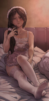 1girl absurdres bare_arms bare_shoulders bed bra breasts brown_hair cellphone commentary_request feet garter_straps hair_over_shoulder highres holding holding_phone lace lace-trimmed_bra lace-trimmed_thighhighs lace_trim long_hair maid maid_headdress mature_female no_panties original phone pillow revision sato-san_(yewang19) selfie smartphone soles solo thighhighs toes underwear white_thighhighs yewang19