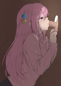 1boy 1girl blue_eyes bocchi_the_rock! box cardboard_box chernyyvo fellatio glory_hole gotoh_hitori hair_ornament hetero highres in_box in_container long_hair oral penis pink_hair pink_track_suit pleated_skirt skirt solo_focus source_request track_suit