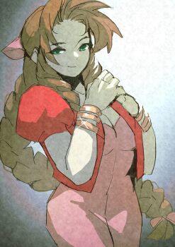 1girl aerith_gainsborough bangle bracelet braid braided_ponytail breasts closed_mouth cowboy_shot cropped_jacket dress e-kaki final_fantasy final_fantasy_vii green_eyes hair_ribbon hands_on_own_chest highres jacket jewelry long_hair medium_breasts own_hands_together parted_bangs pink_dress pink_ribbon puffy_short_sleeves puffy_sleeves red_jacket ribbon short_sleeves sidelocks simple_background single_braid smile solo