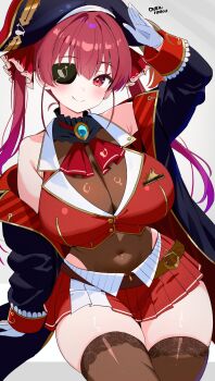 1girl absurdres arm_up armpit_crease ascot belt bicorne black_choker black_coat black_hat blush breasts brooch brown_belt brown_pantyhose choker cleavage closed_mouth coat commentary covered_navel cropped_jacket english_commentary eyepatch floral_print frilled_choker frills gloves gold_trim hat highres hololive houshou_marine houshou_marine_(1st_costume) jacket jewelry lapel_pin large_breasts leather_belt leotard long_hair looking_at_viewer miniskirt o-rindou5100 off_shoulder pantyhose pleated_skirt red_ascot red_eyes red_jacket red_skirt see-through_clothes see-through_leotard sitting skindentation skirt sleeveless sleeveless_jacket smile solo thick_thighs thighs twintails virtual_youtuber white_gloves