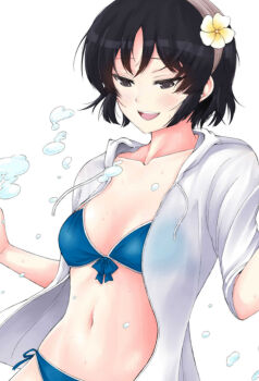 Rule 34 | 1girl, bikini, black eyes, black hair, blue bikini, breasts, brown hairband, collarbone, cover image, flower, front-tie bikini top, front-tie top, hair flower, hair ornament, hairband, hashtag-only commentary, highres, jacket, kujou meika, looking down, meika-san wa oshikorosenai, navel, open clothes, open jacket, open mouth, saitou shouki, short hair, side-tie bikini bottom, simple background, small breasts, smile, solo, stomach, swimsuit, swimsuit cover-up, teeth, upper body, upper teeth only, water drop, white background, white flower