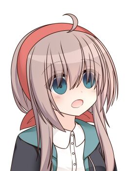 1girl :o absurdres ahoge aqua_eyes blush brown_hair commentary eyes_visible_through_hair hair_between_eyes hairband highres long_hair meme misu_t_(ccc) open_mouth portrait red_hairband sanoba_witch school_uniform shiiba_tsumugi shirt sidelocks simple_background solo space_cat_(meme) transparent_background white_shirt