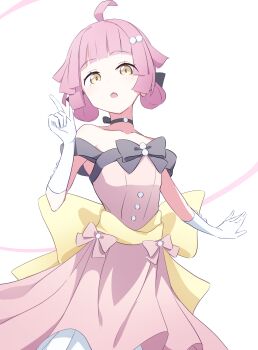 1girl :o ahoge back_bow bare_shoulders black_bow black_choker blunt_bangs bow choker collarbone commentary double_bun dress dress_bow elbow_gloves flat_chest gloves hair_bun hand_up highres index_finger_raised junnatsu kishimen_hair looking_at_viewer love_live! love_live!_nijigasaki_high_school_idol_club love_live!_nijigasaki_high_school_idol_club_the_movie_-_finale off-shoulder_dress off_shoulder open_mouth pink_dress pink_hair simple_background solo stay_(love_live!) tennoji_rina very_low_bun white_background white_gloves yellow_bow yellow_eyes