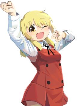 1girl :d absurdres arm_up black_ribbon blonde_hair buttons clenched_hands collared_shirt cowboy_shot double-breasted hair_between_eyes hand_up hidamari_sketch highres labuyoi long_hair long_sleeves looking_at_viewer miniskirt miyako_(hidamari_sketch) neck_ribbon open_mouth red_skirt red_vest ribbon school_uniform shirt simple_background skirt skirt_set smile solo vest white_background white_shirt yamabuki_high_school_uniform yellow_eyes