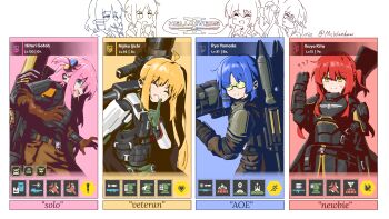 4girls ? ?? absurdres ahoge alternate_costume armor artist_name backpack bag blonde_hair blue_eyes blue_hair bocchi_the_rock! cape chinese_commentary clenched_hand commentary_request cube_hair_ornament detached_ahoge english_text glasses gotoh_hitori green-tinted_eyewear green_eyes gun hair_ornament hand_up heads-up_display helldivers_(series) highres holding holding_gun holding_weapon ijichi_nijika kita_ikuyo mcwanderer multiple_girls one_side_up pink_hair red_hair shoulder_armor side_ponytail sidelocks smile stratagem_(helldivers) super_earth_salute_(helldivers) tinted_eyewear twitter_username user_interface v-shaped_eyebrows weapon yamada_ryo