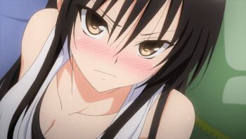 >:| 10s 1girl animated animated_gif black_hair blouse blush breasts brown_eyes cleavage collarbone kotegawa_yui long_hair looking_at_viewer medium_breasts screencap shirt sleeveless sleeveless_shirt sweat to_love-ru to_love-ru_darkness_2nd