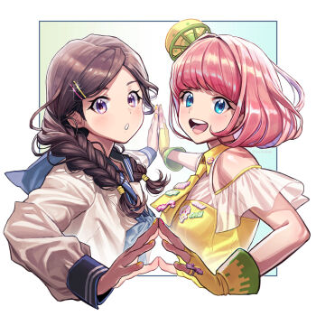 Rule 34 | 2girls, animification, blue eyes, blush, border, braid, breasts, brown hair, clothing cutout, collared dress, dress, fingerless gloves, from side, glint, gloves, hair ornament, hairclip, highres, jewelry, kamen rider, kamen rider ex-aid (series), looking at viewer, matsuda ruka, mole, mole under eye, multicolored nails, multiple girls, musical note, necktie, open mouth, palms together, parted lips, pink hair, pink nails, poppi pipopapo, purple eyes, real life, ring, sailor collar, shirt, shoulder cutout, small breasts, steepled fingers, twin braids, white border, white shirt, yellow dress, yellow gloves, yellow nails, yellow necktie, zeikomimi