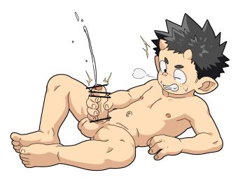 1boy absurdres bar_censor black_hair censored cum ejaculation highres male_focus male_masturbation masturbation nipples nude original penis penis_grab pointy_ears short_hair shota solo sweatdrop teeth testicles waryusa white_background