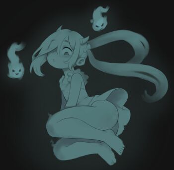1girl ass barefoot blush bow dress flat_chest floating ghost hair_bow halloween hitodama horns loli long_hair looking_at_viewer monochrome no_panties open_mouth original qtkat sleeveless sleeveless_dress twintails wind wind_lift