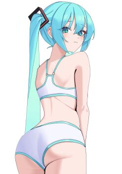 1girl alternate_costume amaama_(beccyonaika1) aqua_eyes aqua_hair back bra closed_mouth commentary double-parted_bangs eyes_visible_through_hair hair_between_eyes hatsune_miku highres long_hair panties sports_bra twintails underwear very_long_hair vocaloid white_background white_panties white_sports_bra