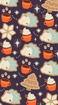 black_eyes bow christmas_tree cinnamon_stick cookie cup food gen_8_pokemon hot_chocolate marshmallow mug nintendo pokemon pokemon_(creature) purple_background red_bow satsumapotato snom snowflakes solid_oval_eyes sparkle whipped_cream
