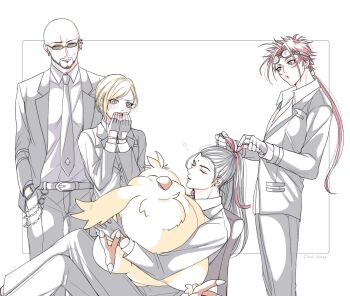 1girl 3boys bald belt belt_buckle bindi bird black_gloves blonde_hair blush buckle chocobo closed_eyes collared_shirt covering_own_mouth cowboy_shot crossed_legs elena_(ff7) facial_hair facial_mark fat_chocobo final_fantasy final_fantasy_vii final_fantasy_vii_remake fingerless_gloves formal_clothes gloves goatee goggles goggles_on_head grey_jacket grey_necktie grey_pants grey_suit hands_in_pockets jacket long_hair multiple_boys necktie pants ponytail red_hair reno_(ff7) rude_(ff7) shirt short_hair short_hair_with_long_locks sitting sleeping square_enix standing suit sunglasses sweatdrop tseng turks_(ff7) white_background white_shirt y_skk