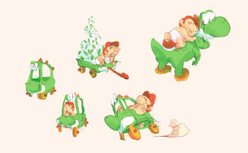 1boy ^_^ baby baby_mario big_nose black_eyes blush_stickers brown_hair closed_eyes driving happy hat highres jason_lupas looking_at_another mario mario_(series) motion_lines newsboy_cap nintendo red_hat riding short_hair simple_background sleeping smoke speed_lines super_mario_world_2:_yoshi&#039;s_island toy_car wagon yellow_background yoshi yoshi_egg