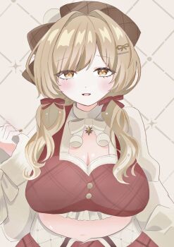 1girl alternate_costume belly blush bow bready_(nikke) breasts brown_eyes brown_hair brown_hat cleavage cleavage_cutout clothing_cutout crop_top goddess_of_victory:_nikke hair_bow hair_ornament hair_over_shoulder hairclip hat large_breasts long_hair low_twintails midriff mugimugimu navel open_mouth plump red_bow red_shirt red_skirt shirt skirt smile solo standing twintails