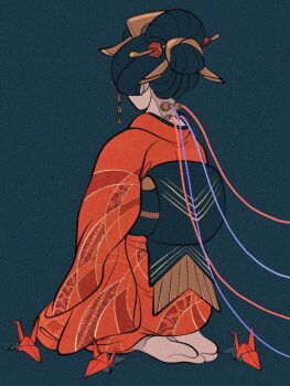 1girl asa_no_ha_(pattern) back black_background black_hair facing_away female_focus film_grain flat_color from_behind full_body gold_trim highres honeycomb_(pattern) japanese_clothes kimono long_hair origami original paper_crane plug red_kimono seigaiha seiza simple_background sitting solo uzuta wire