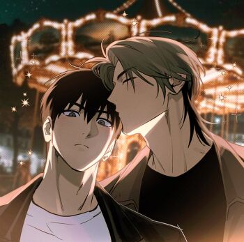 2boys black_hair black_jacket black_shirt brown_jacket carousel closed_eyes closed_mouth commentary_request crew_neck frown grey_eyes grey_hair jacket kiss kissing_forehead korean_commentary lapels long_hair looking_at_viewer male_focus multiple_boys night open_clothes open_jacket original outdoors parted_hair psomuq shirt short_hair sky star_(sky) starry_sky upper_body white_shirt yaoi