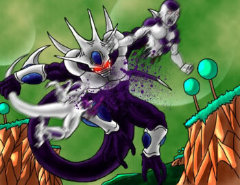 2boys alien battle brothers cooler_(dragon_ball) death dragon_ball dragonball_z frieza glowing glowing_eyes green_sky guro multiple_boys outdoors red_eyes siblings sky tail tail_pull tree