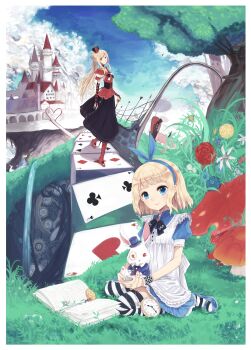 1boy 2girls absurdres ace_(playing_card) ace_of_hearts alice_(alice_in_wonderland) alice&#039;s_adventures_in_wonderland animal blonde_hair blue_eyes blush book boots bow bridal_gauntlets bridge cane card castle cliff clock club_(shape) crown day diamond_(shape) dodo_(bird) dress elbow_gloves fence flower frilled_dress frills gears gloves grass hair_bow hairband hat heart high_heel_boots high_heels highres holding holding_animal long_hair mad_hatter_(alice_in_wonderland) mary_janes mini_crown multiple_girls mushroom neck_ribbon on_grass open_book outdoors oversized_object pinafore_dress playing_card pocket_watch ponytail queen_of_hearts_(alice_in_wonderland) rabbit ribbon shadow2810 shoes short_hair short_sleeves sitting sky sleeveless sleeveless_dress smile spade_(shape) striped_clothes striped_gloves striped_thighhighs table thighhighs top_hat tree very_long_hair wariza watch water waterfall white_rabbit_(alice_in_wonderland)