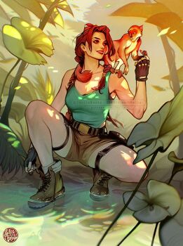 1girl animal animal_on_shoulder aqua_shirt bare_shoulders belt belt_buckle black_gloves boots braid breasts brown_boots brown_hair brown_shorts buckle cleavage eyewear_on_head fingerless_gloves full_body gloves hair_over_shoulder holster lara_croft leaf long_hair medium_breasts monkey outdoors parted_bangs parted_lips shirt shorts signature single_braid smile soaking_feet socks solo squatting tank_top teeth thigh_holster tholia_bentz tomb_raider toned toned_female white_socks