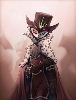 1boy absurdres beak bird bird_boy black_feathers colored_sclera daarclaw demon_boy demon_horns extra_eyes feathers furry furry_male grey_feathers hat hellaverse helluva_boss highres horns looking_at_viewer male_focus owl owl_boy red_eyes red_sclera stolas_(helluva_boss)